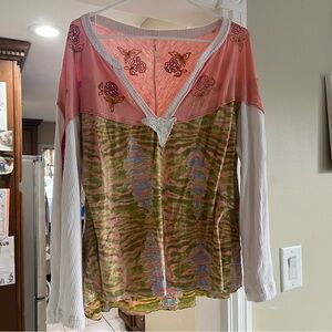 FP Movement by Free People Pink and Green Embroidered Blouse